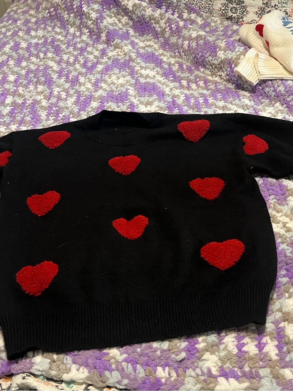 Black Sweater with Red Heart Appliqués - Women
